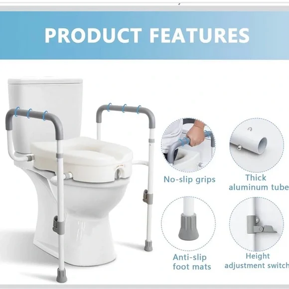 Adjustable White Raised Toilet Seat With Safety Rail - Picture 4 of 9